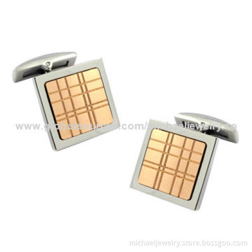 Stainless steel cufflinks, steel sheet plating IP rose gold and fashionable the grid pattern